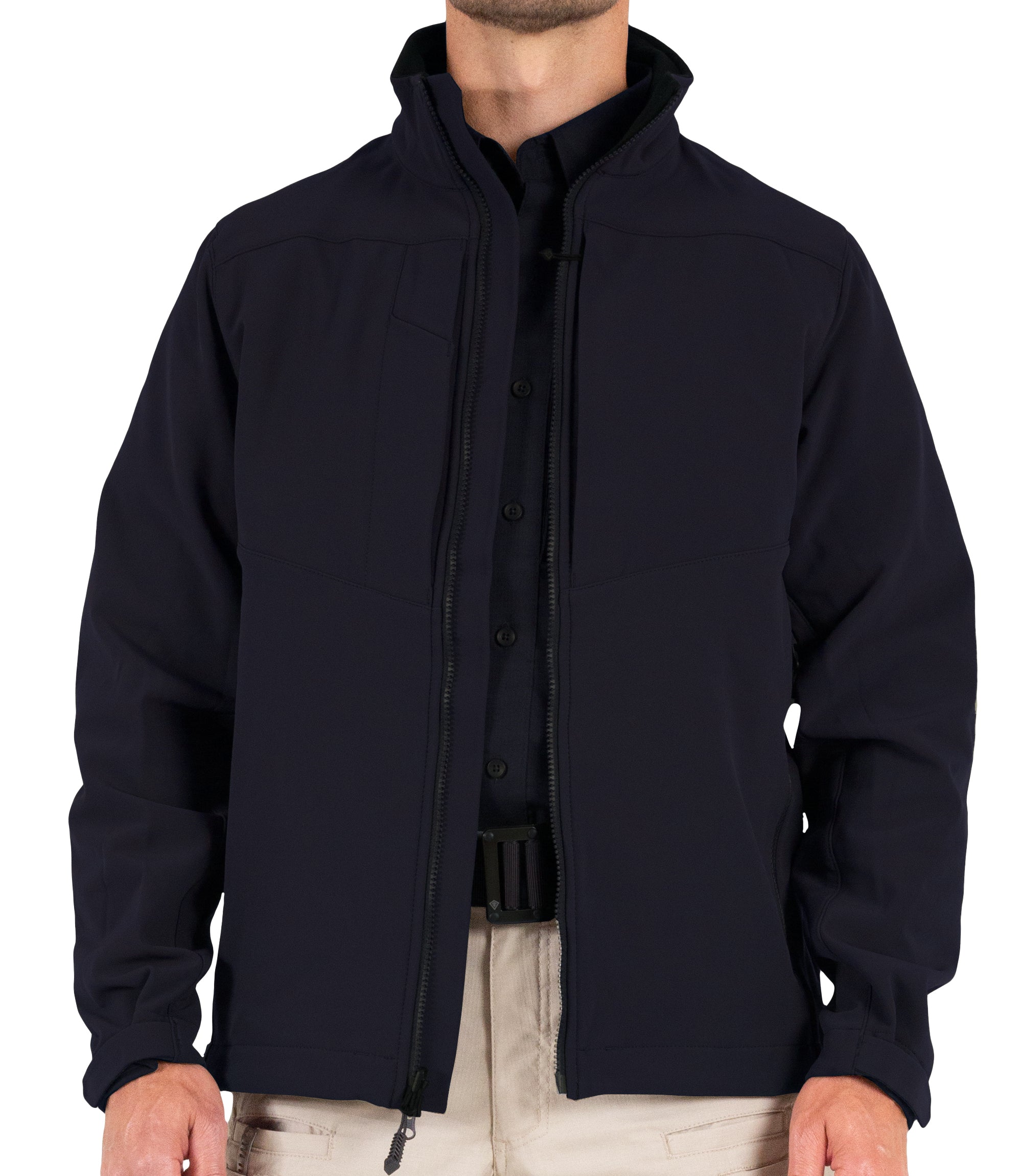 Front of Mens Tactix Softshell Jacket (Parka Length) in Midnight Navy Unzipped |color_midnight navy