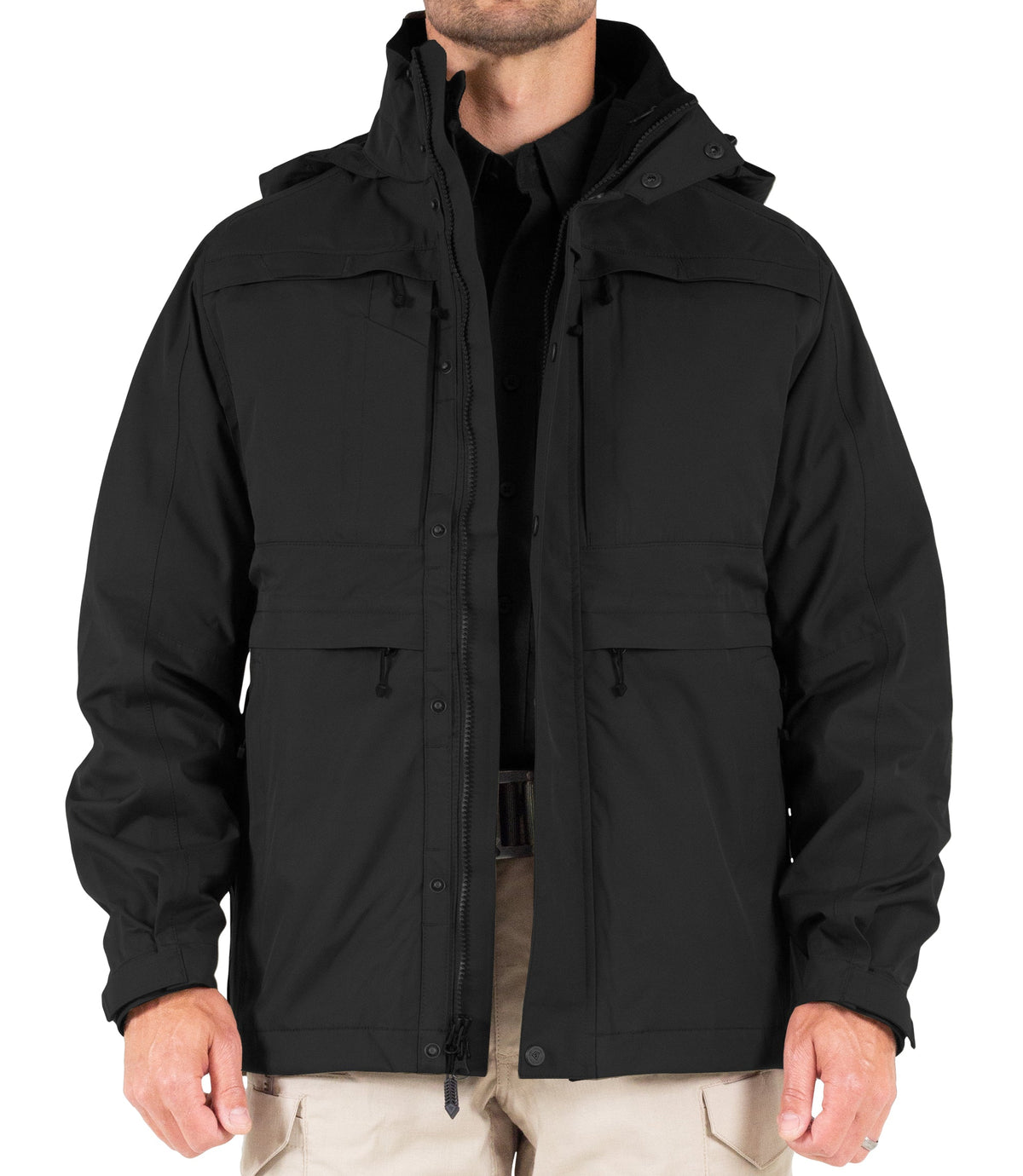 Front View of Mens Tactix System Parka in Black |color_black
