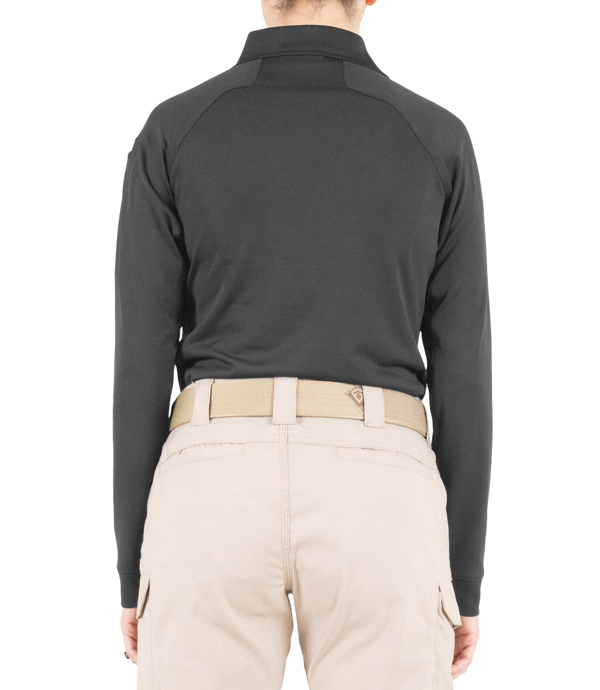 Back of Women's Performance Long Sleeve Polo in Asphalt |color_asphalt