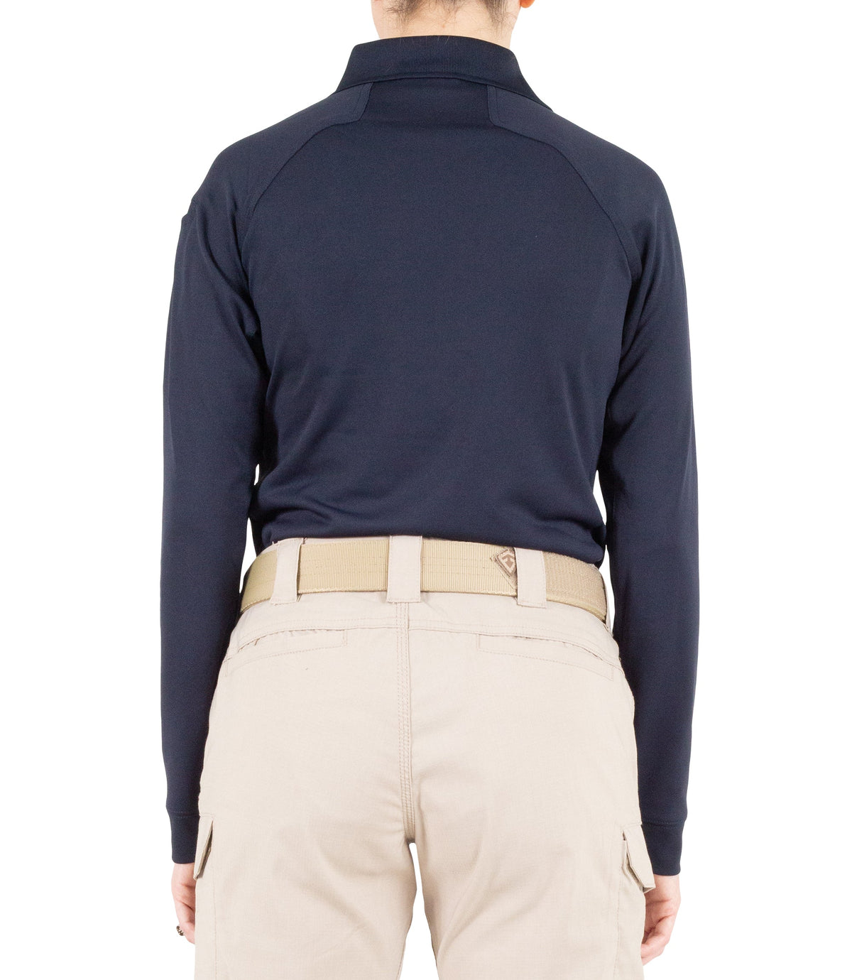 Back of Women's Performance Long Sleeve Polo in Midnight Navy |color_midnight navy