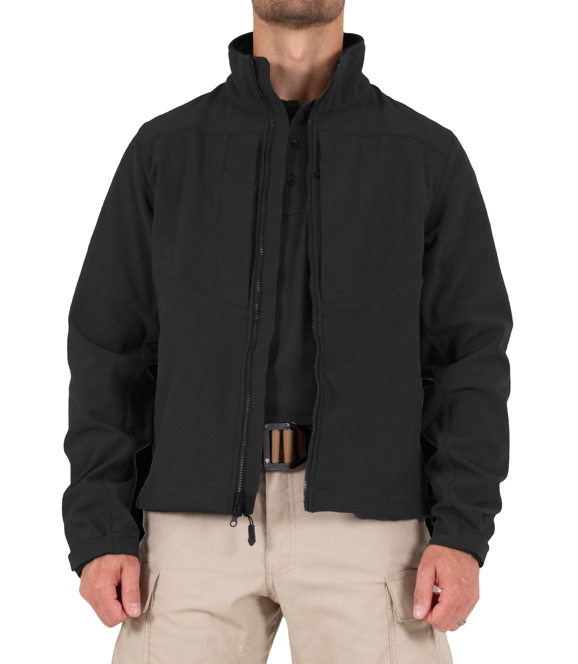 Front of Men's Tactix Softshell Jacket in Black Unzipped |color_black