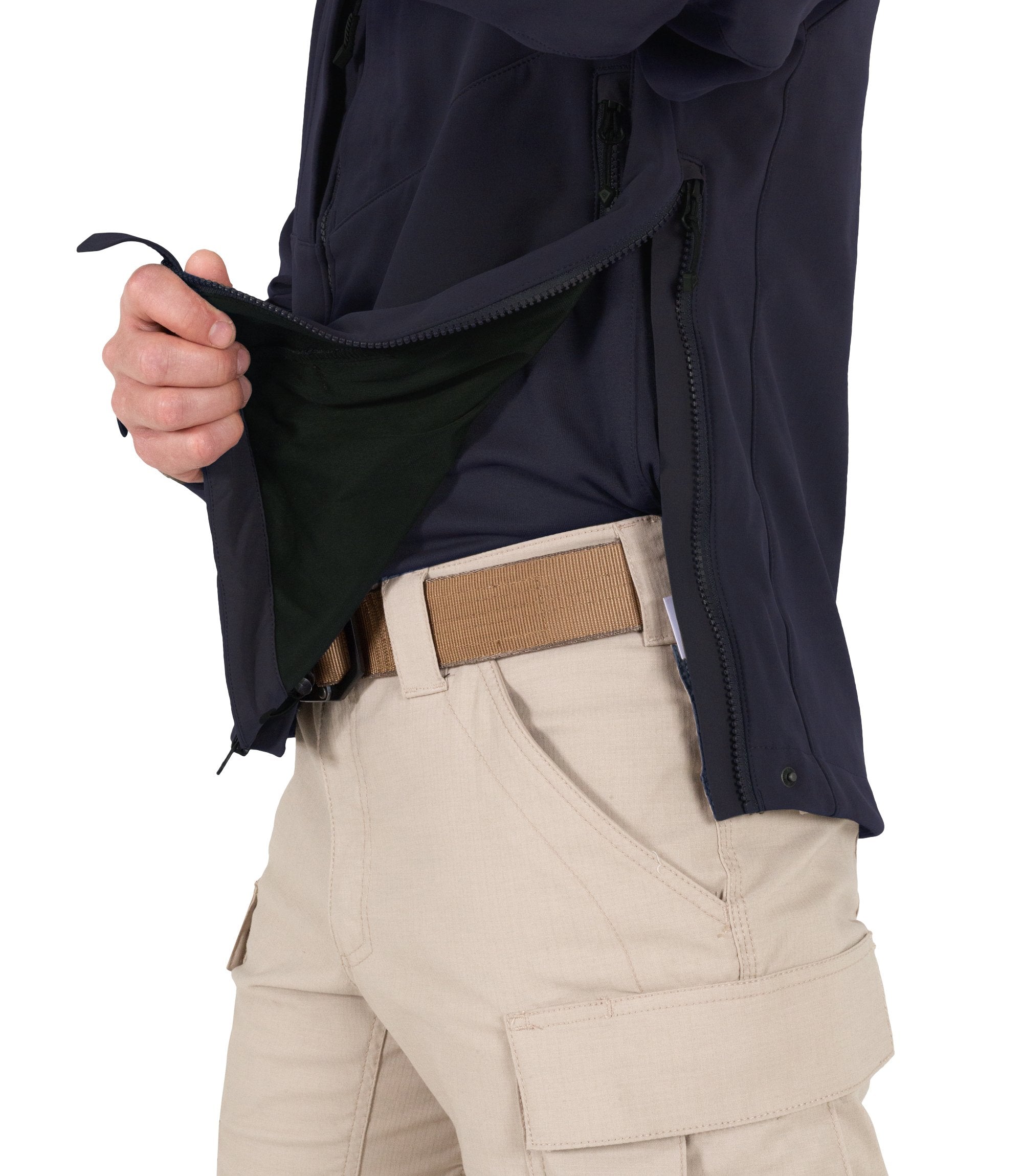 Side Zipper Open of Men's Tactix Shotshell Jacket in Midnight Navy |color_midnight navy