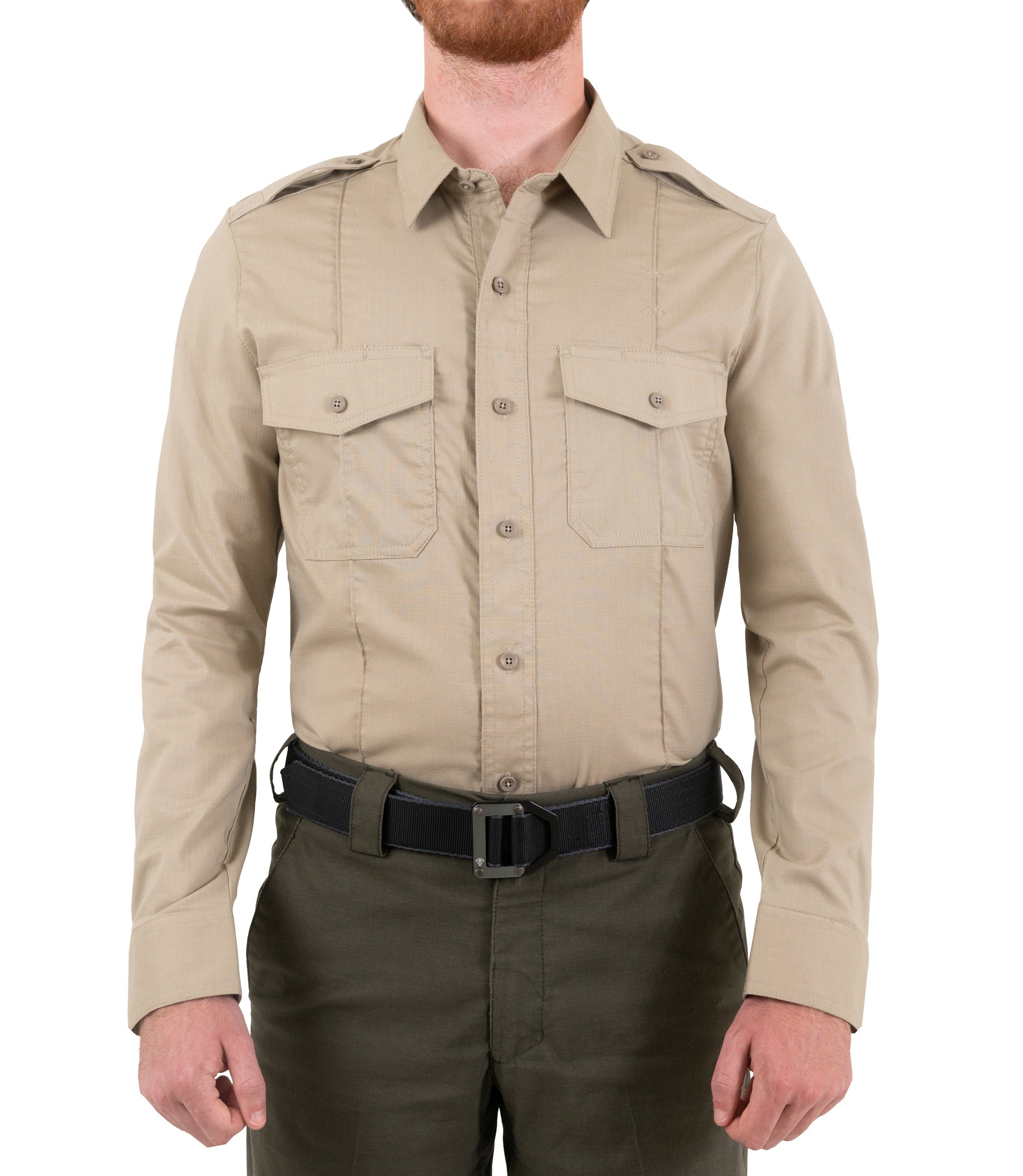 Front of Men's Pro Duty Uniform Shirt in Silver Tan |color_silver tan