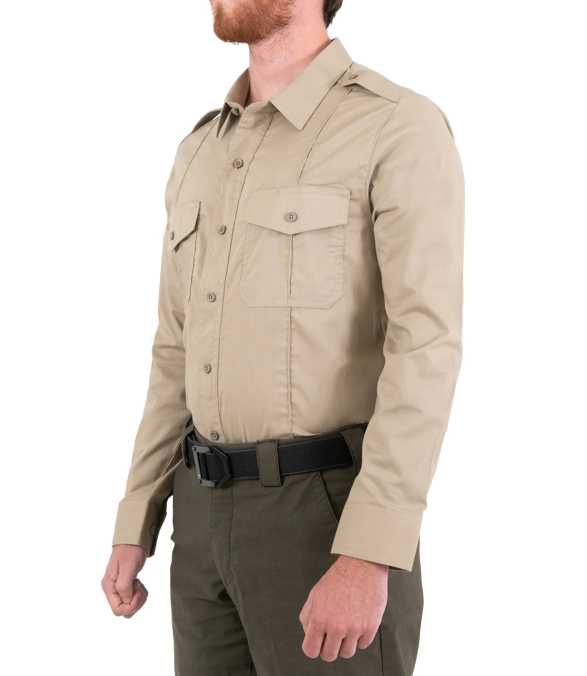 Side of Men's Pro Duty Uniform Shirt in Silver Tan |color_silver tan