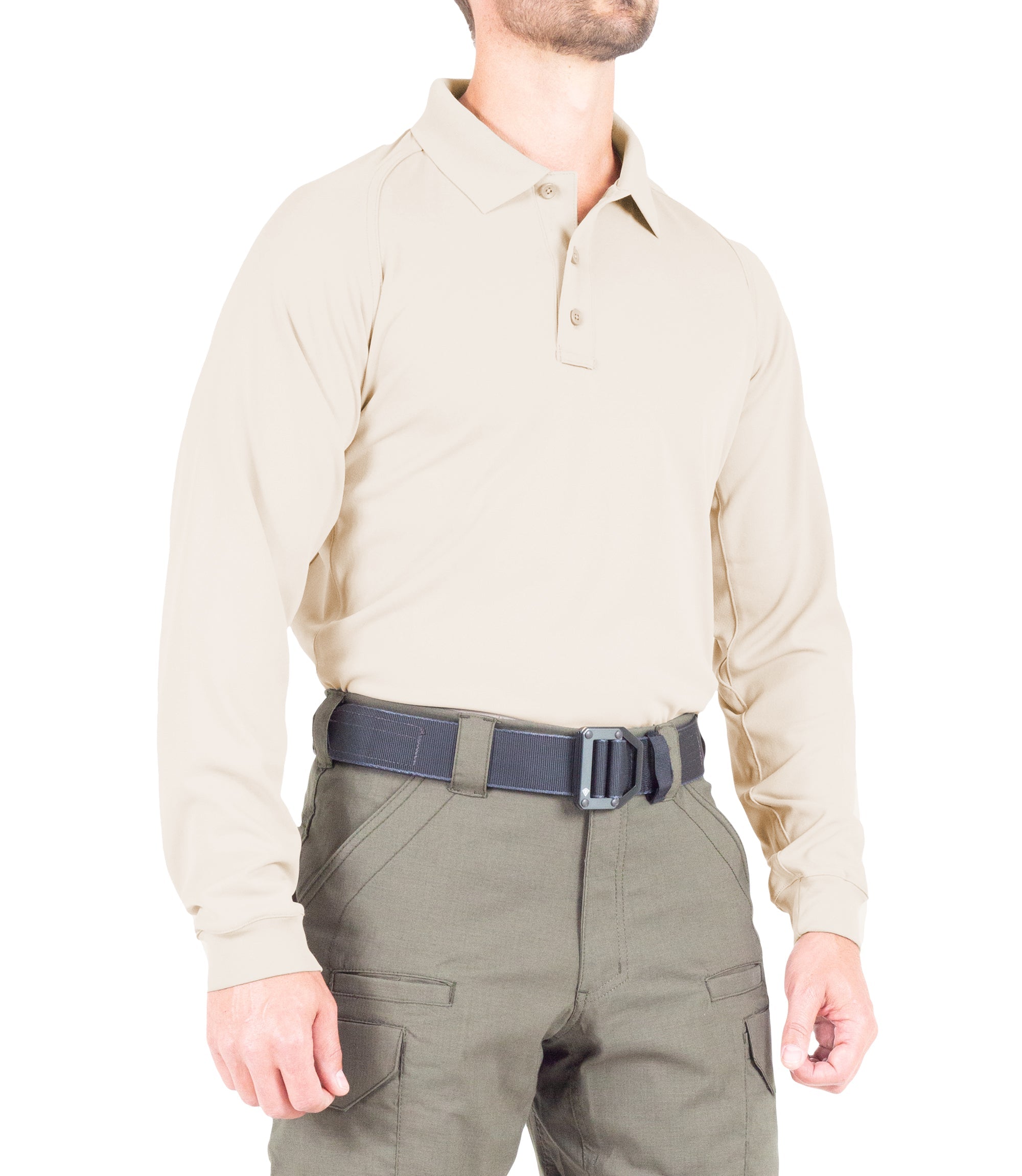 Side of Men's Performance Long Sleeve Polo in Silver Tan |color_silver tan