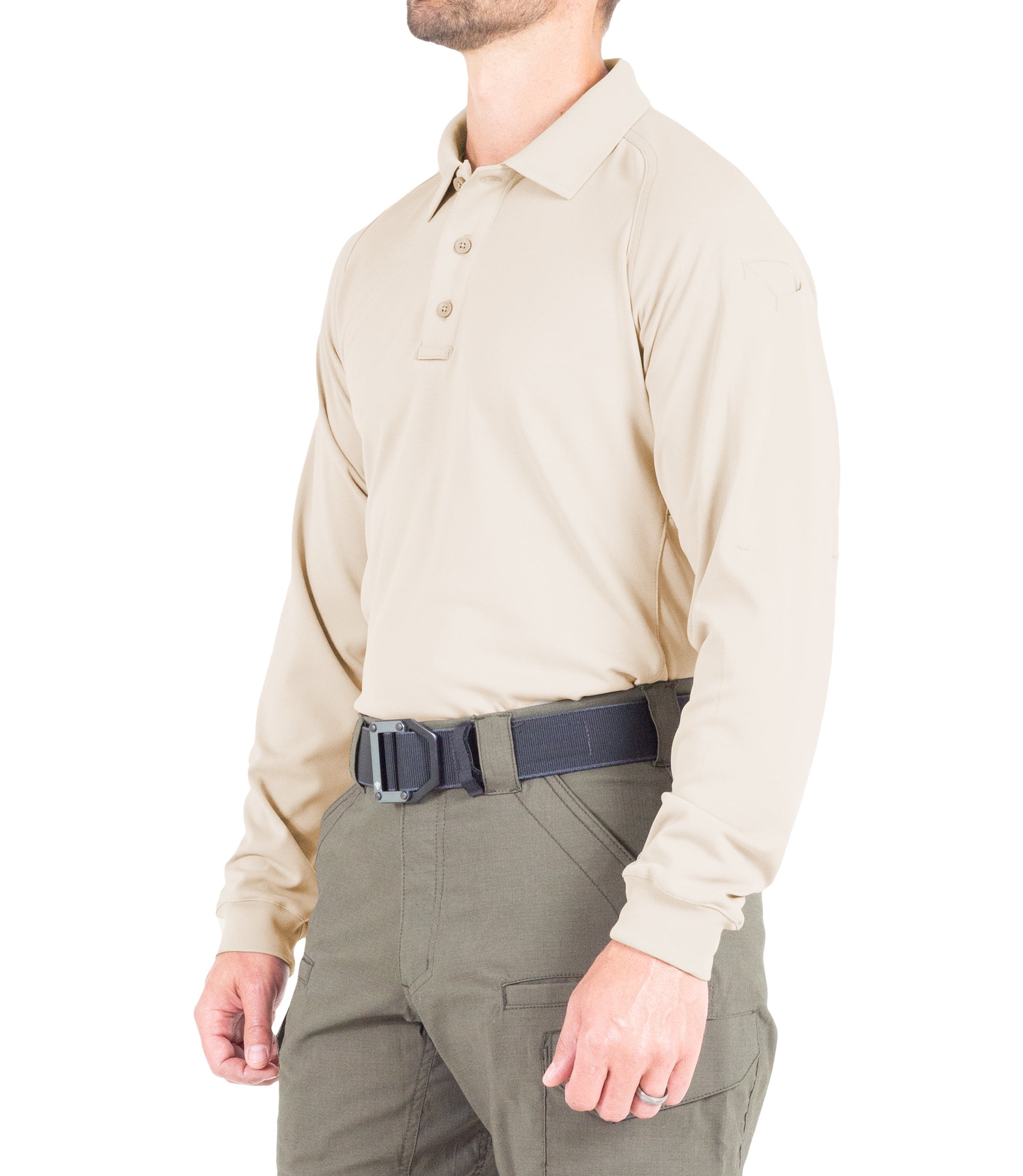 Side of Men's Performance Long Sleeve Polo in Silver Tan |color_silver tan