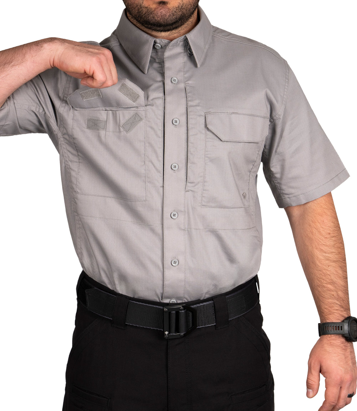 Hook and Loop Front Pocket on Men's V2 Tactical Short Sleeve Shirt in Nickel Grey |color_nickel grey