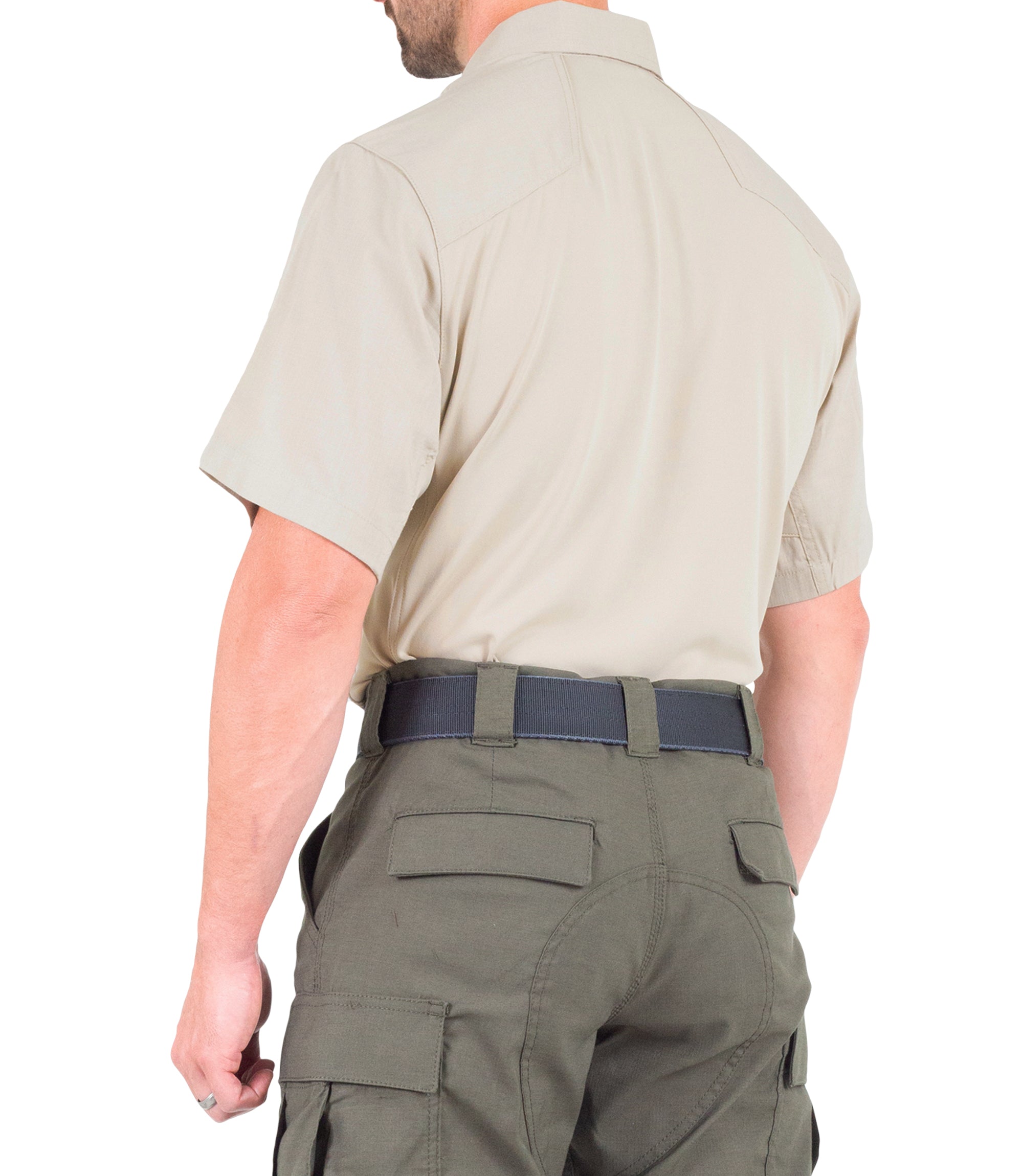 Side of Men's V2 Pro Performance Short Sleeve Shirt in Silver Tan |color_silver tan