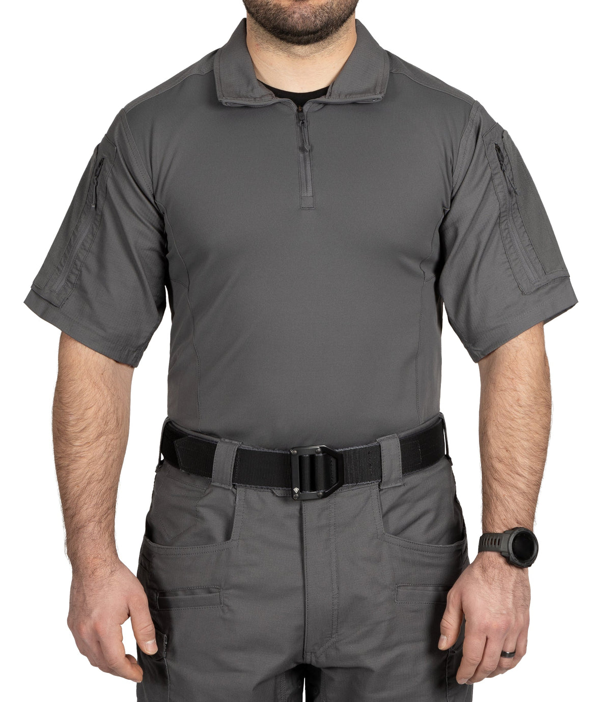 Front of Men's Defender Short Sleeve Shirt in Wolf Grey |color_wolf grey