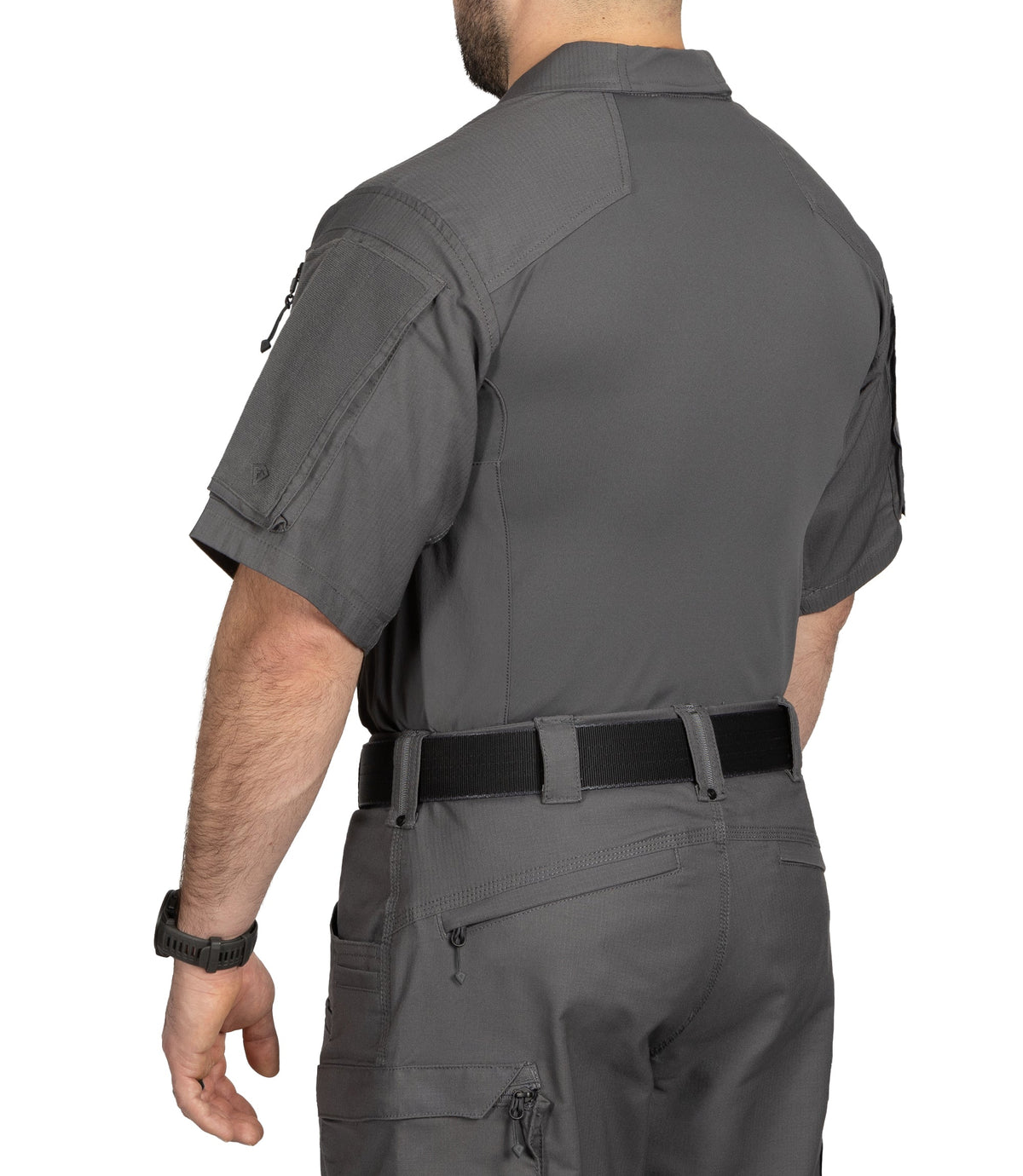 Back of Men's Defender Short Sleeve Shirt in Wolf Grey |color_wolf grey