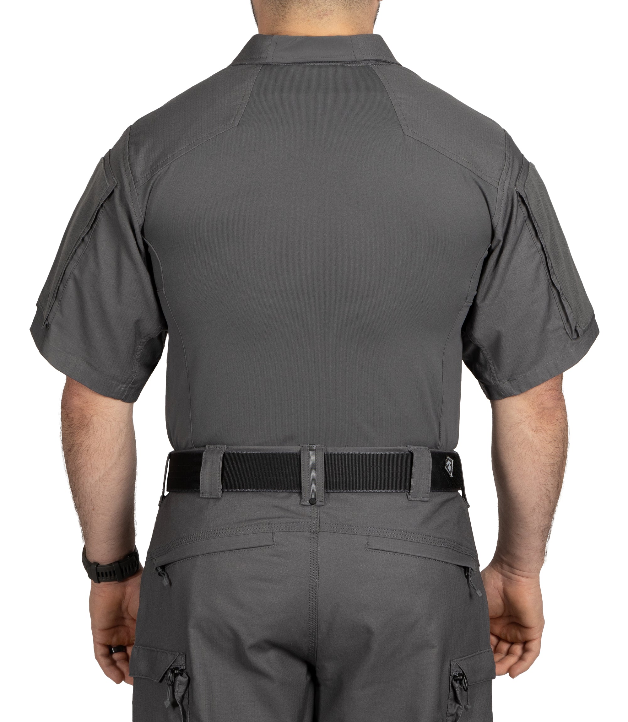 Back of Men's Defender Short Sleeve Shirt in Wolf Grey |color_wolf grey