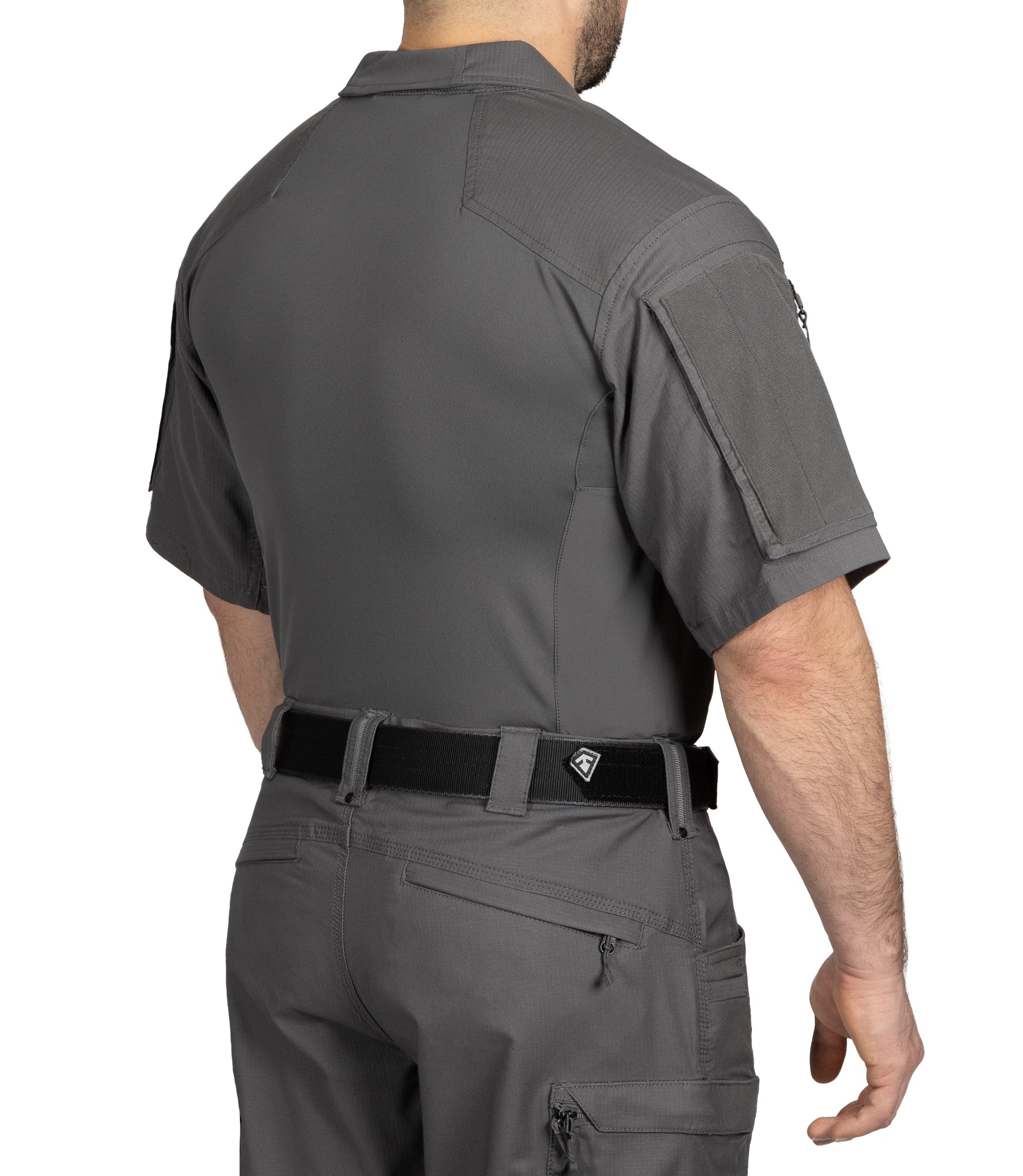 Back of Men's Defender Short Sleeve Shirt in Wolf Grey |color_wolf grey