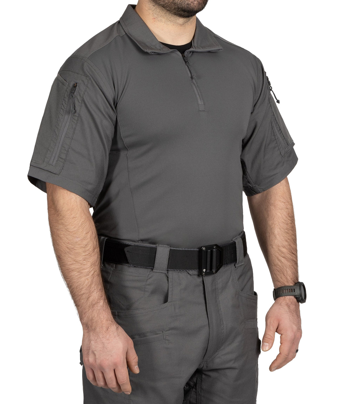 Front of Men's Defender Short Sleeve Shirt in Wolf Grey |color_wolf grey