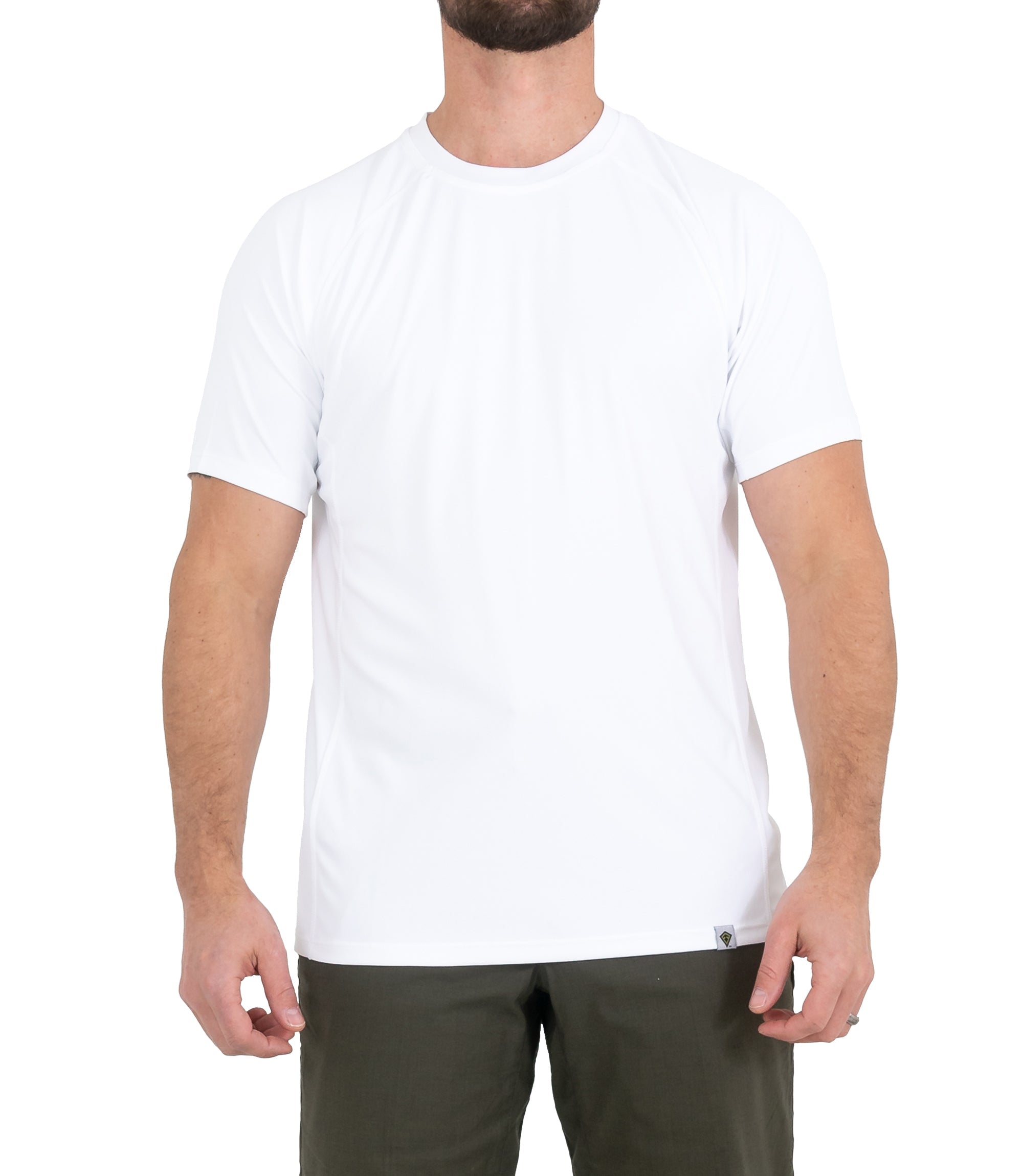 Untucked Front of Mens Performance Short Sleeve T-Shirt in White |color_white