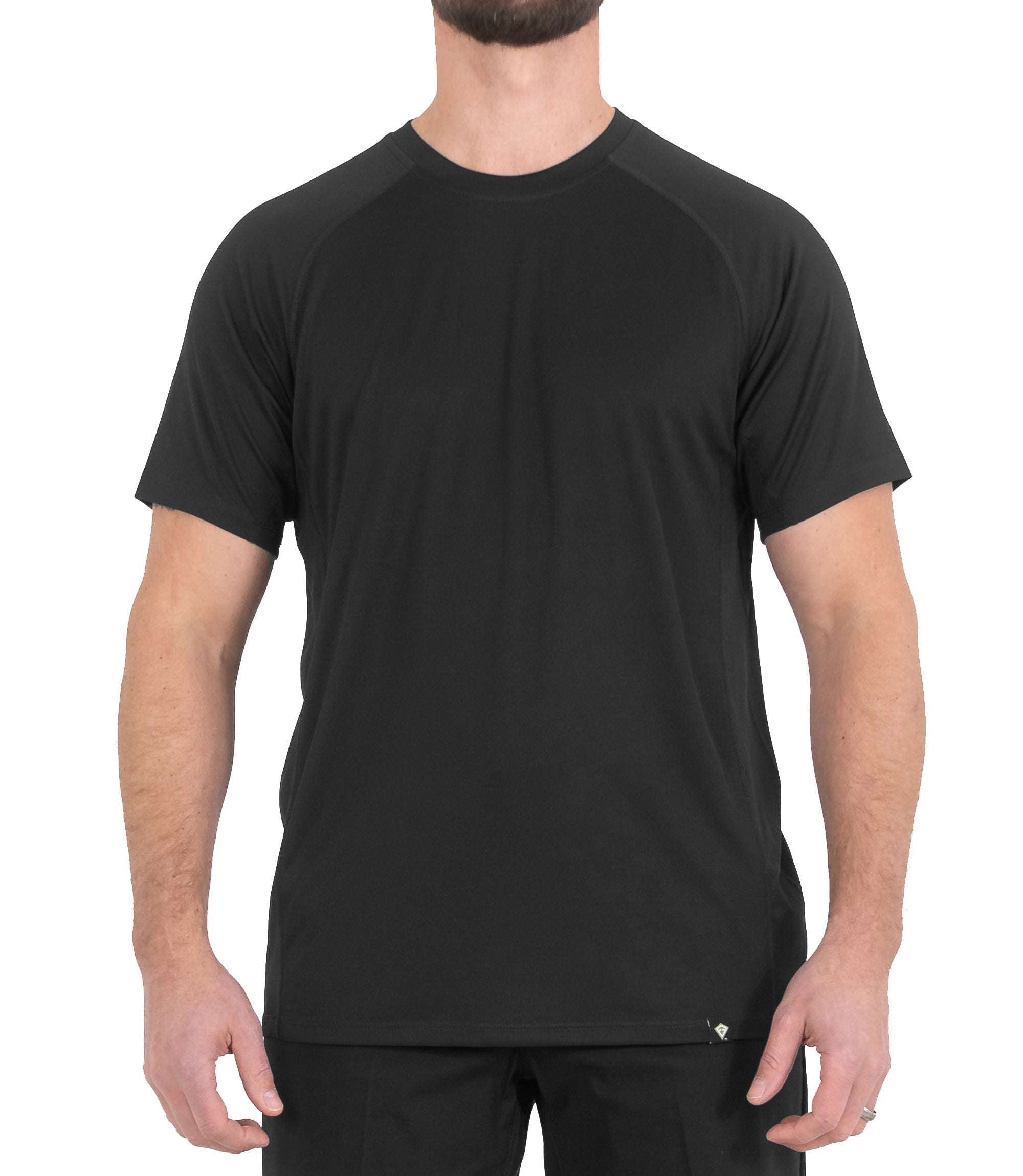 Untucked Front of Mens Performance Short Sleeve T-Shirt in Black |color_black