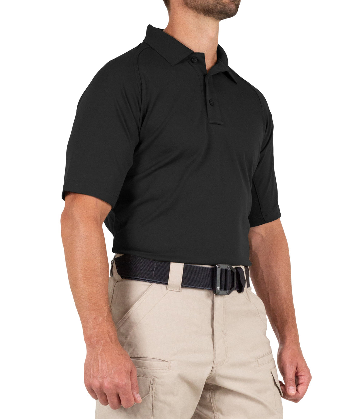 Side Front View of Men's Performance Short Sleeve Polo in Black |color_black