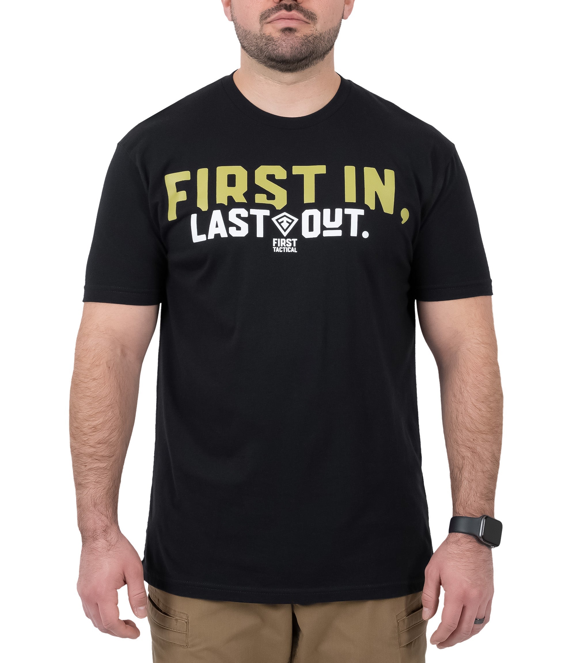 Front view of First In, Last out T-shirt in color black |color_black