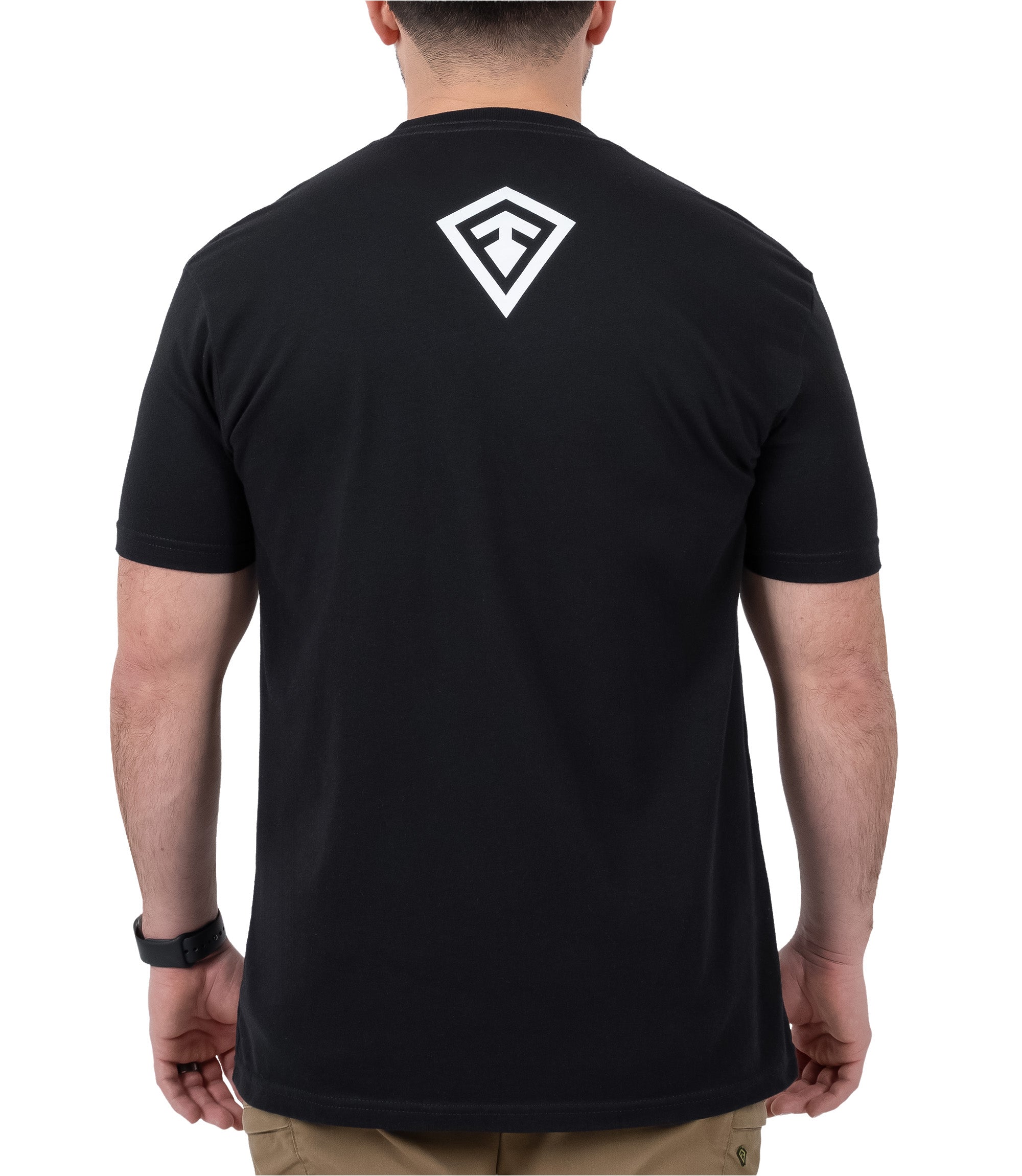Back view of First In, Last out T-shirt in color black |color_black
