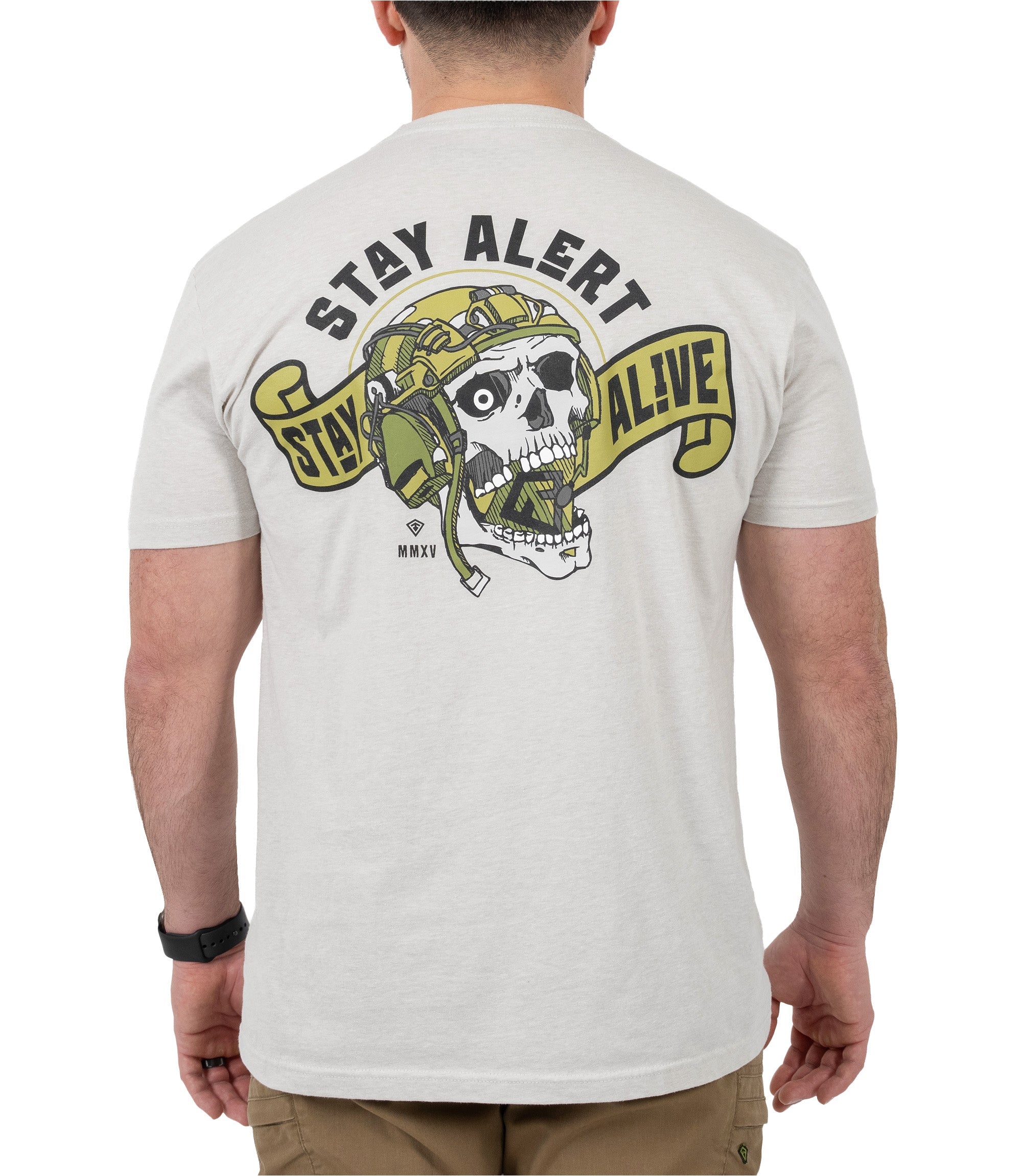 Back view of Stay Alert, Stay Alive t-shirt in color Tan|color_tan