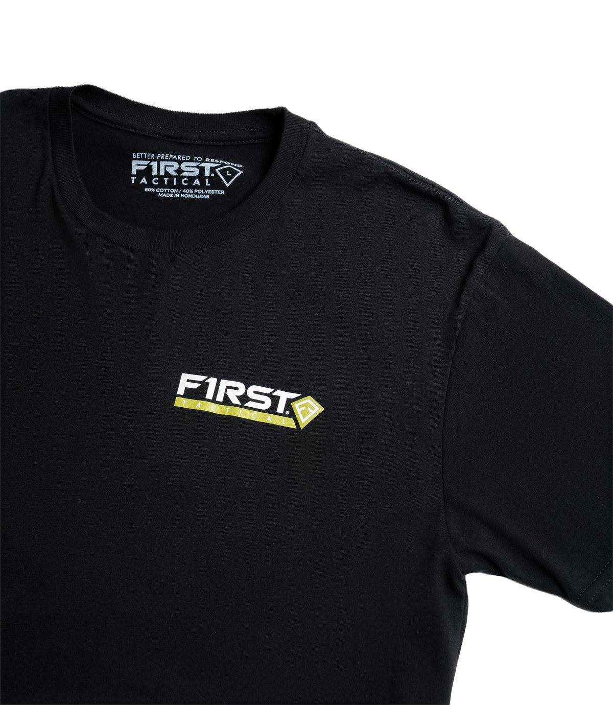 Close up front view logo image First Tactical tee |color_black