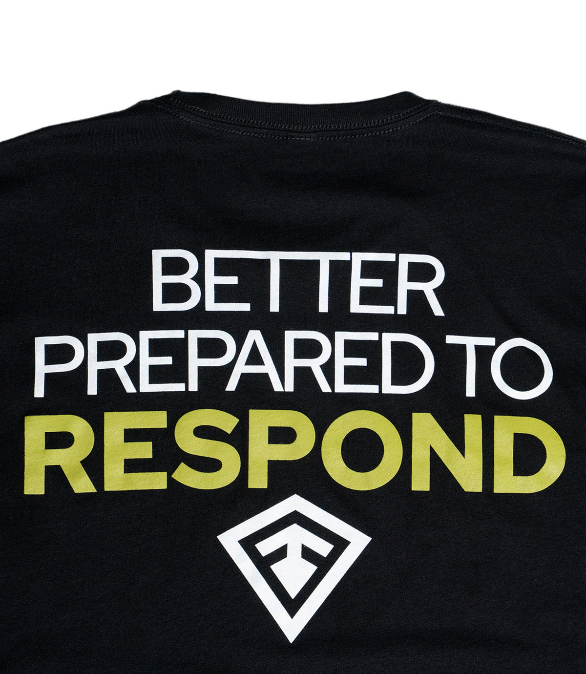 Close up back view image of the design Better Prepared To Respond tee |color_black