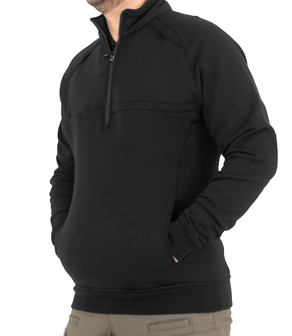 Front Pockets of Mens Cotton Job Shirt Quarter Zip in Black |color_black