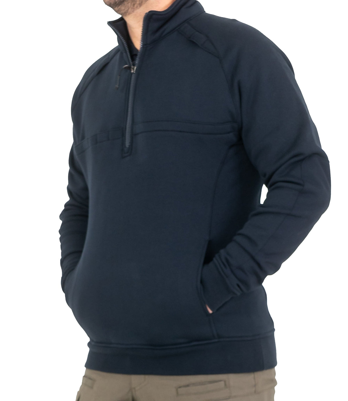Front Pockets of Mens Cotton Job Shirt Quarter Zip in Midnight Navy |color_midnight navy