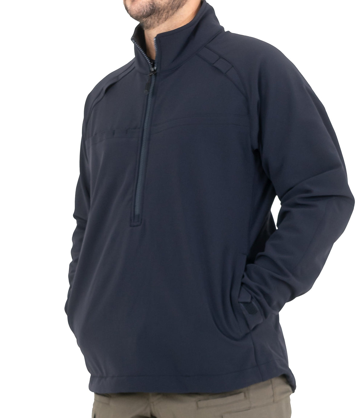 Front Pockets of Mens Tactix Softshell Pullover in Midnight Navy |color_midnight navy