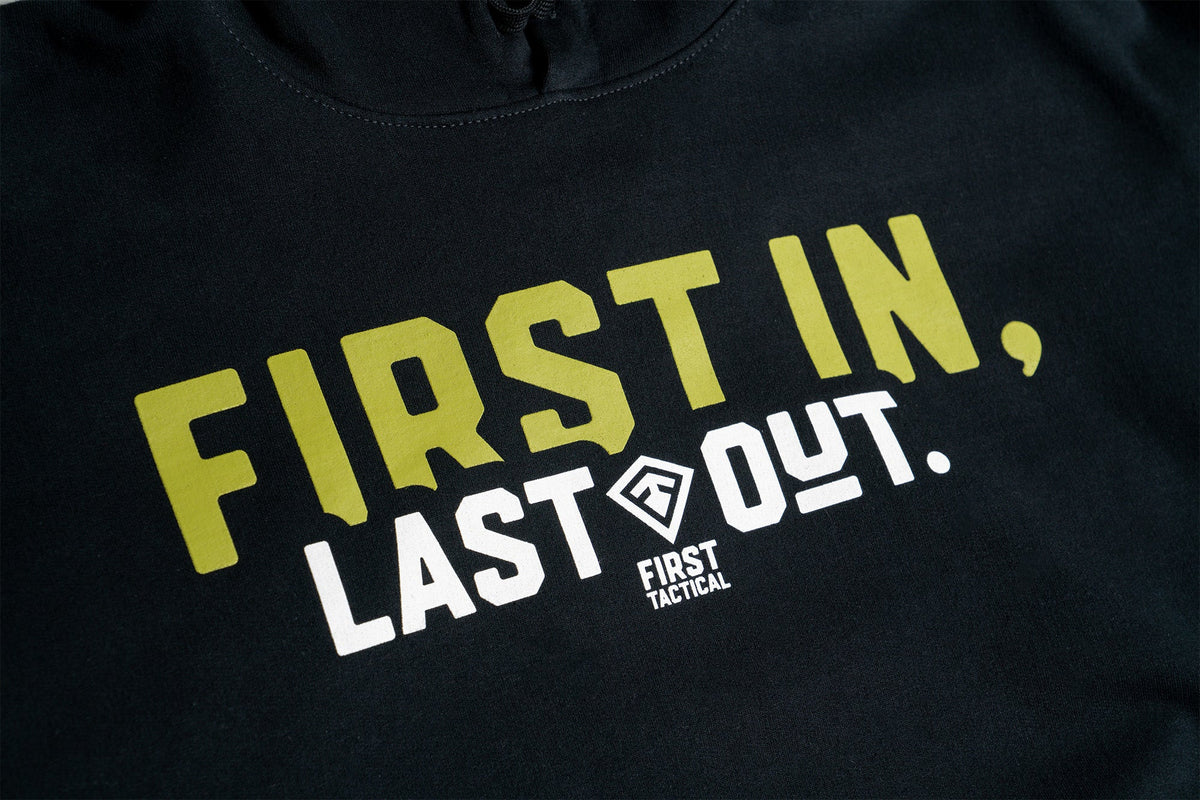 Close up front view image of the design First In, Last Out hoodie |color_black