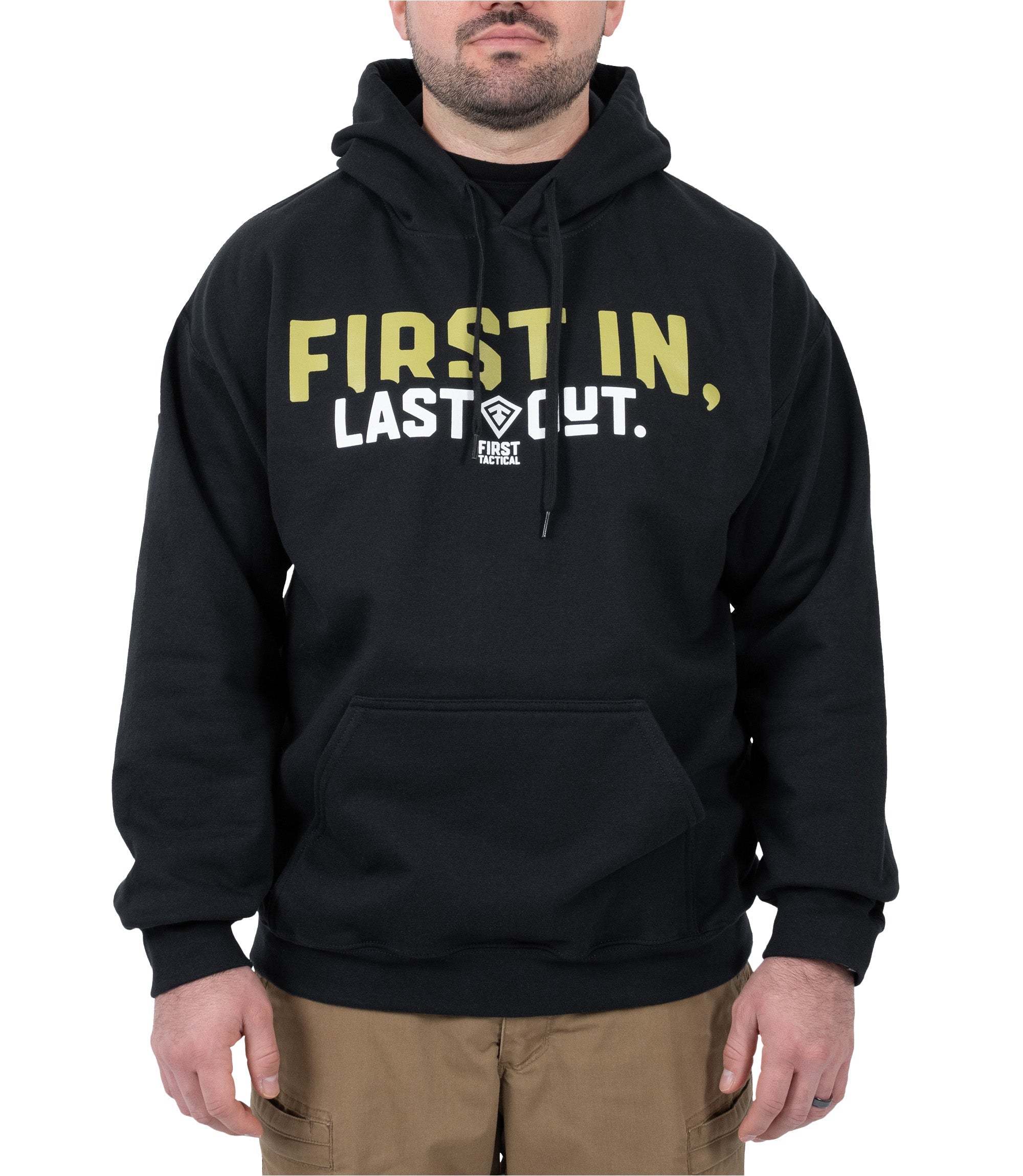 Front view of First In, Last Out hoodie in color black |color_black