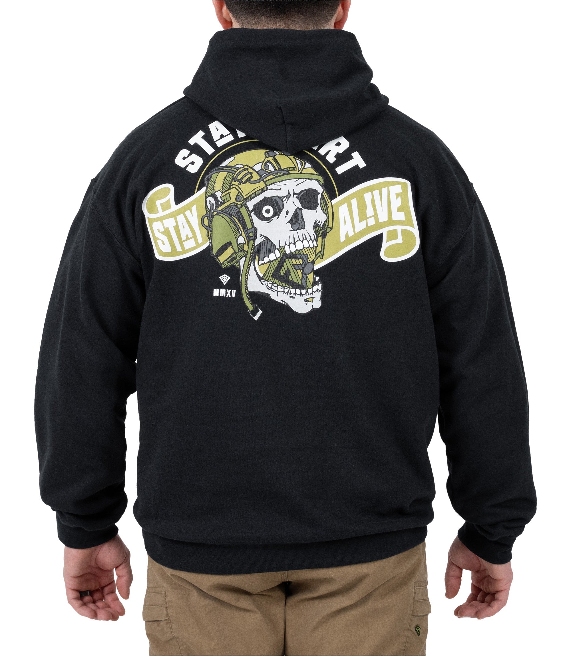 Back view of Stay Alert Stay Alive Hoodie in color black|color_black