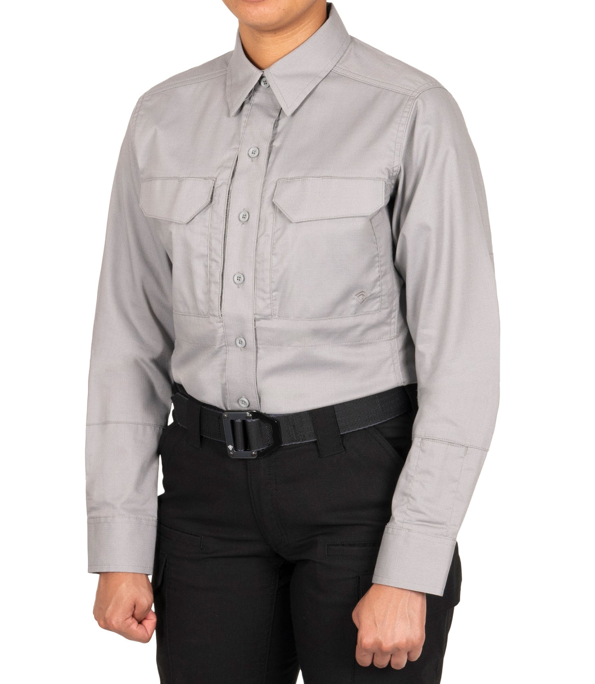 Front 1/4 of Women's V2 Tactical Long Sleeve Shirt in Nickel Grey |color_nickel grey