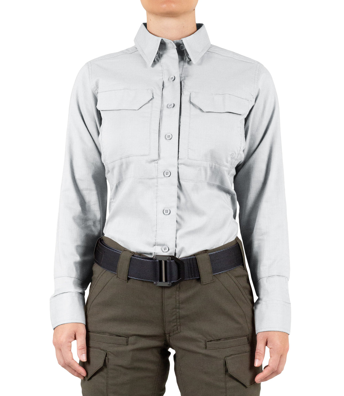 Front of Women's V2 Tactical Long Sleeve Shirt in White |color_white