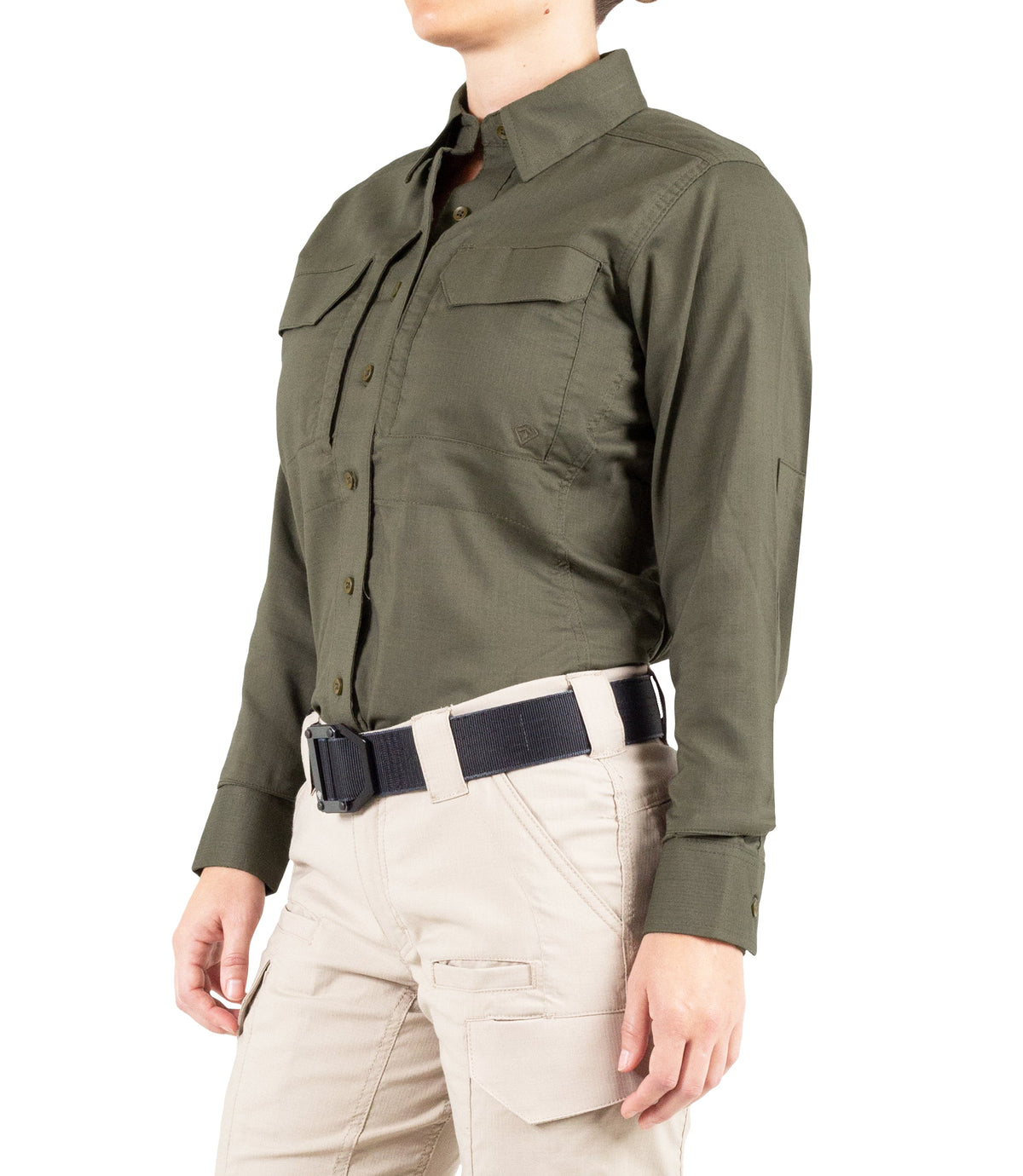 Side of Women's V2 Tactical Long Sleeve Shirt in OD Green |color_od green