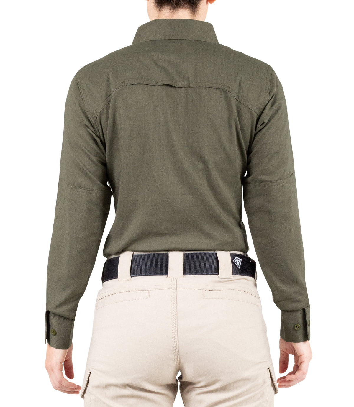 Back of Women's V2 Tactical Long Sleeve Shirt in OD Green |color_od green