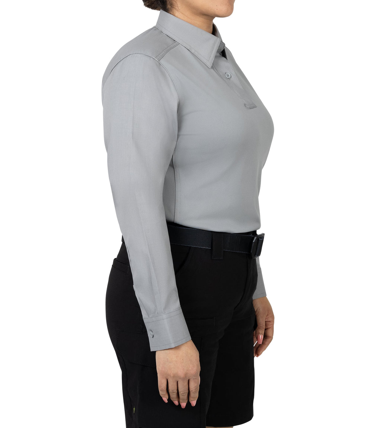 Side of Women's V2 Pro Performance Shirt in nickel grey |color_nickel grey