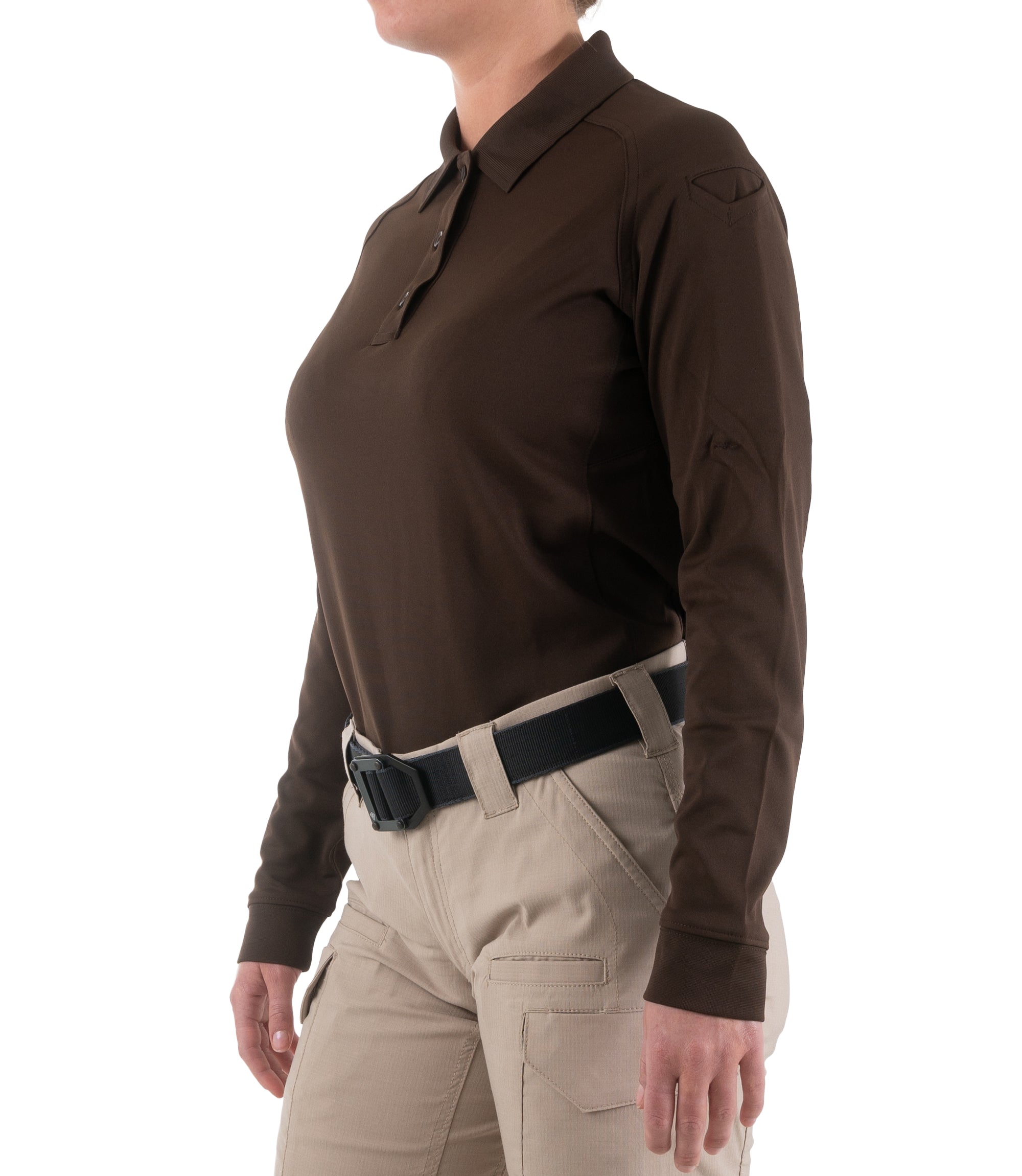 Side of Women's Performance Long Sleeve Polo in Kodiak Brown |color_kodiak brown