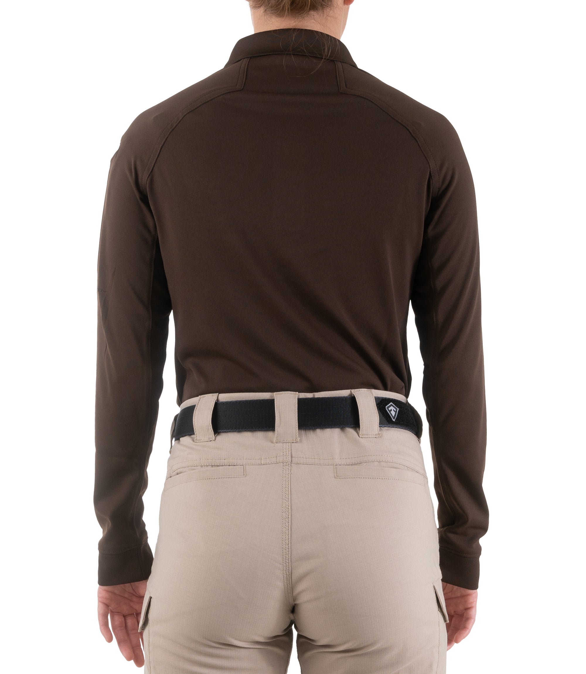 Back of Women's Performance Long Sleeve Polo in Kodiak Brown |color_kodiak brown
