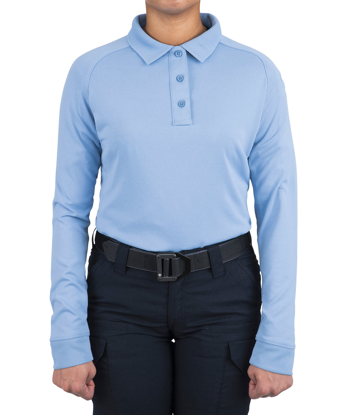 Front of Women's Performance Long Sleeve Polo in Medium Blue |color_medium blue