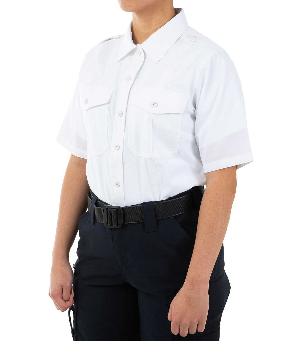 Side of Women's Pro Duty Uniform Short Sleeve Shirt in White |color_white