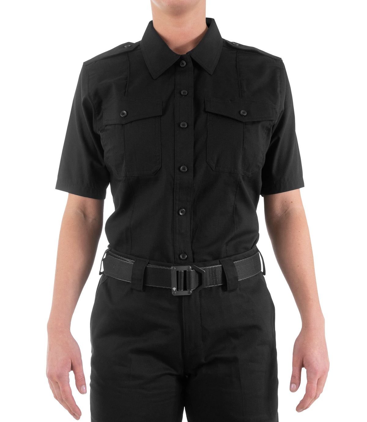 Front of Women's Pro Duty Uniform Short Sleeve Shirt in Black |color_black