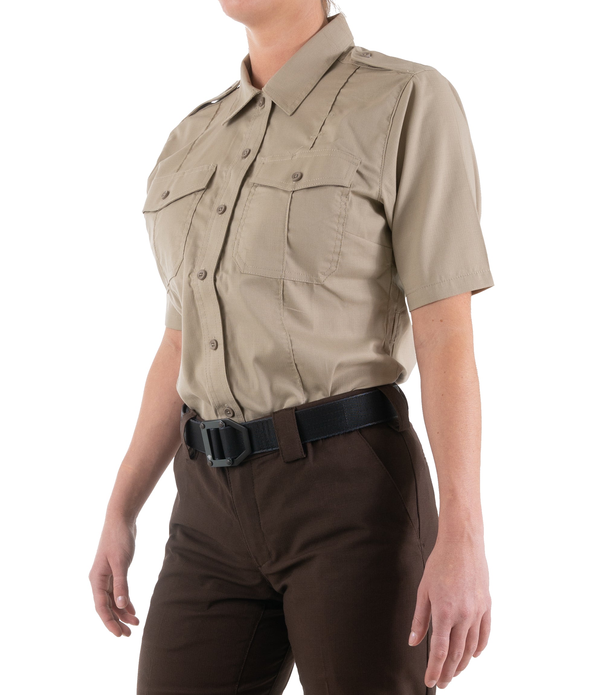 Side of Women's Pro Duty Uniform Short Sleeve Shirt in Silver Tan |color_silver tan