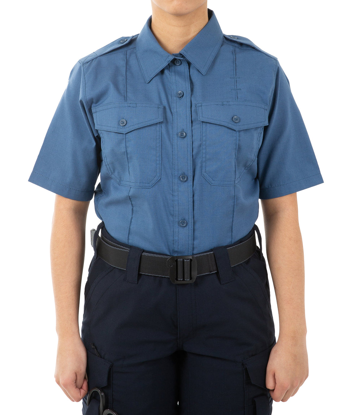 Front of Women's Pro Duty Uniform Short Sleeve Shirt in French Blue |color_french blue