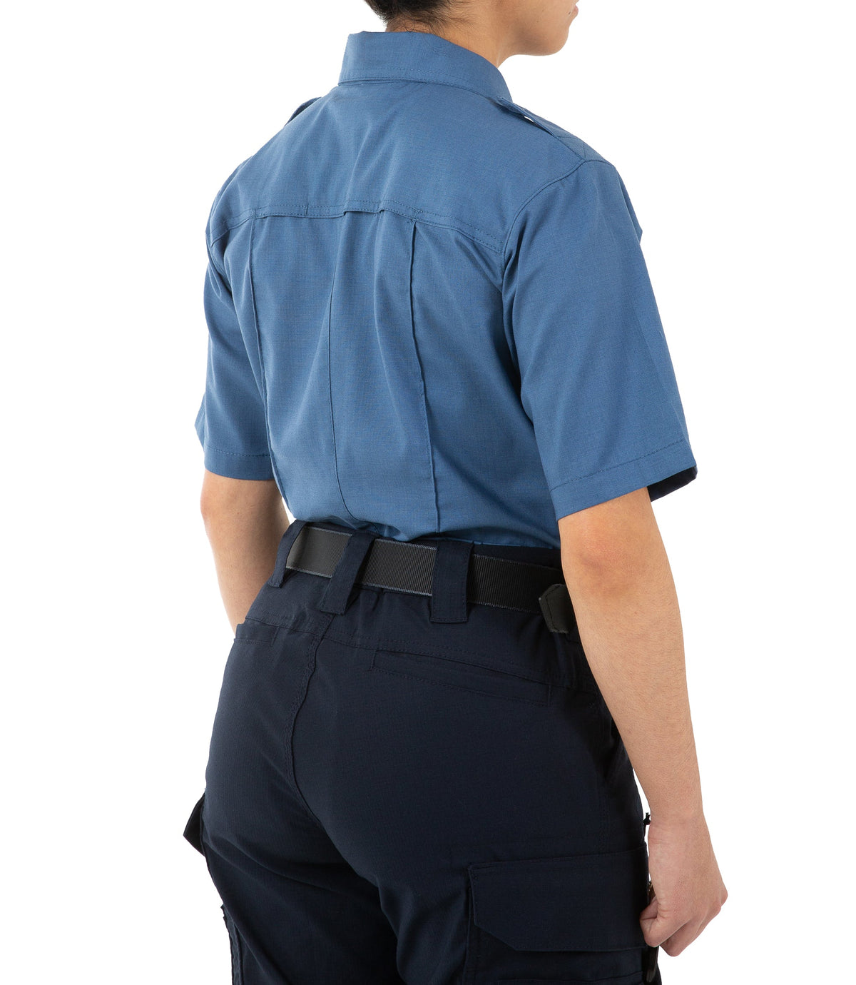 Side of Women's Pro Duty Uniform Short Sleeve Shirt in French Blue |color_french blue