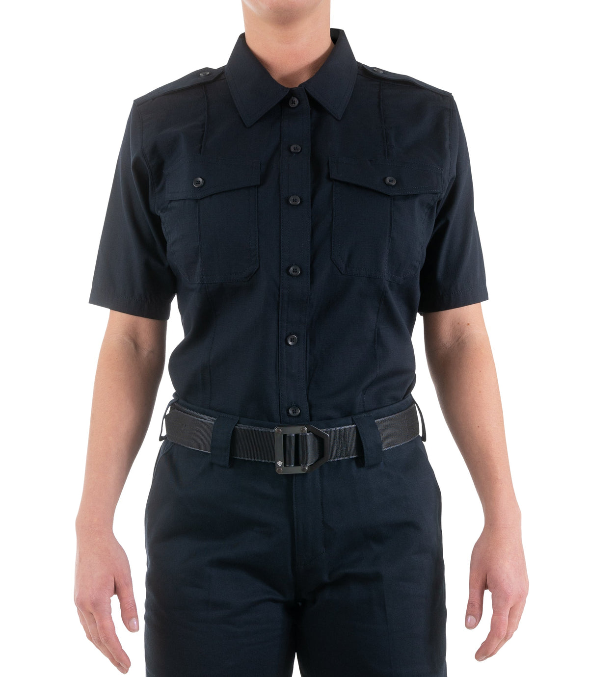Front of Women's Pro Duty Uniform Short Sleeve Shirt in Midnight Navy |color_midnight navy