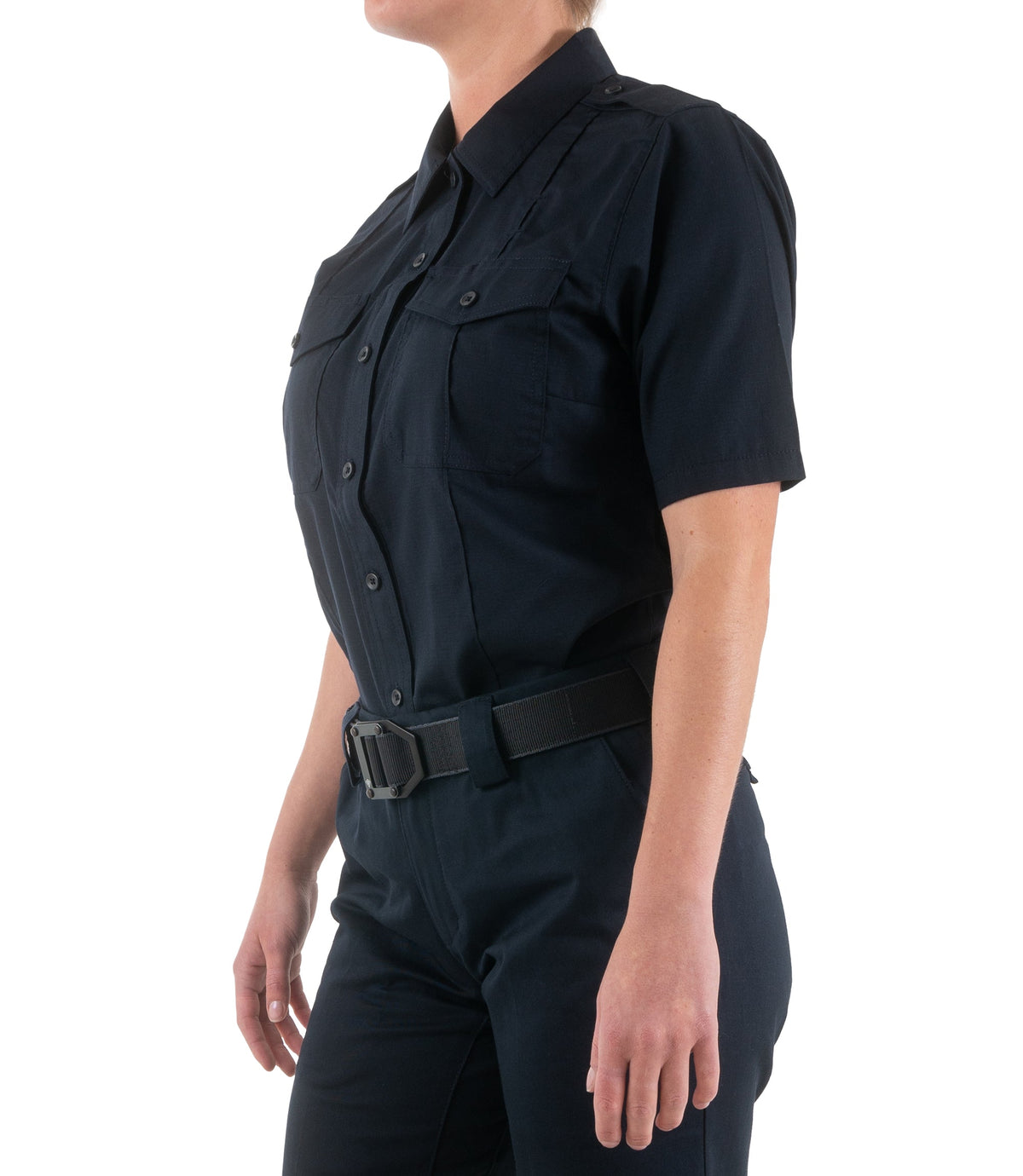 Side of Women's Pro Duty Uniform Short Sleeve Shirt in Midnight Navy |color_midnight navy