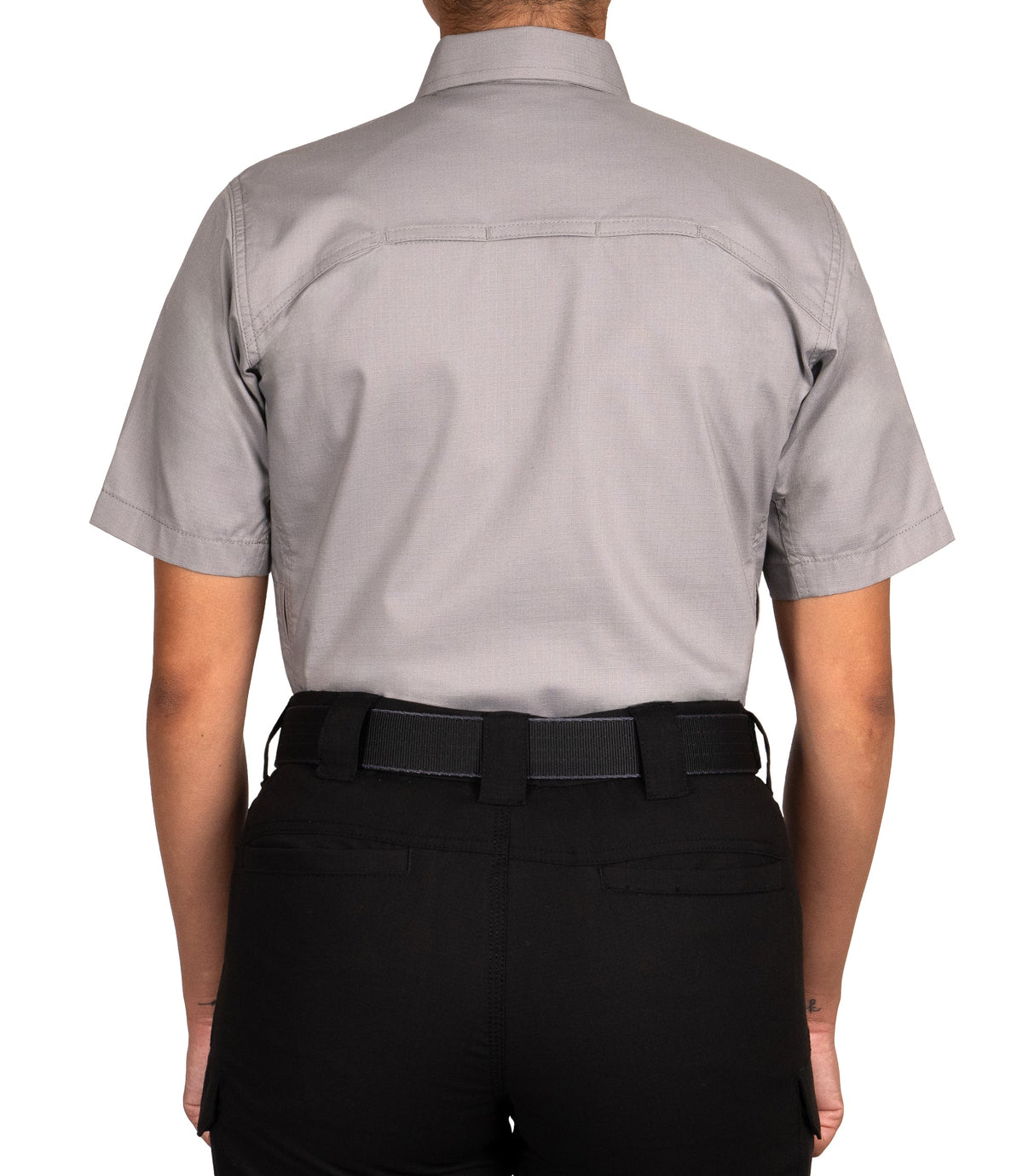 Back of Women's V2 Tactical Short Sleeve Shirt in Nickel Grey |color_nickel grey