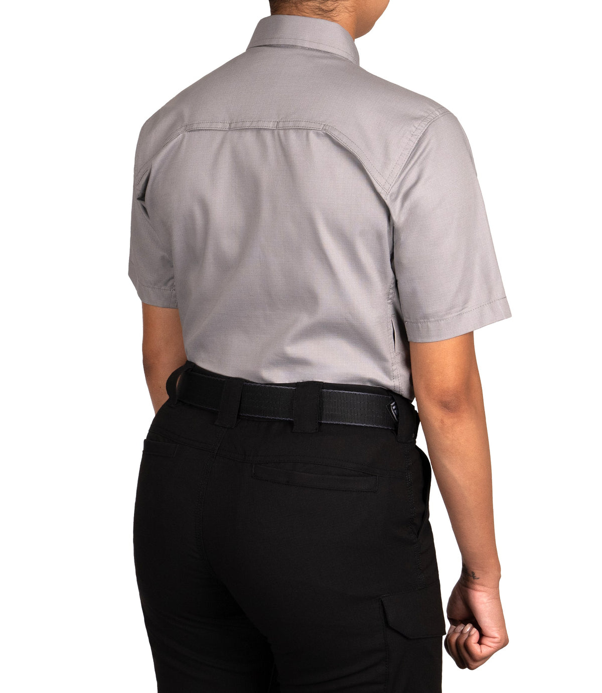 Back 1/4 of Women's V2 Tactical Short Sleeve Shirt in Nickel Grey |color_nickel grey