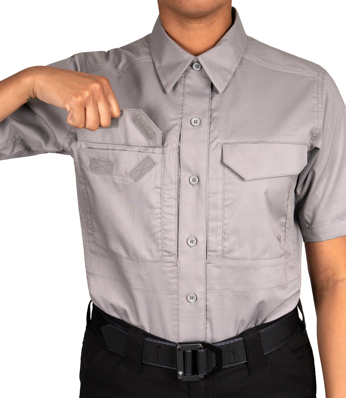 Hook and Loop Pocket on Women's V2 Tactical Short Sleeve Shirt in Nickel Grey |color_nickel grey