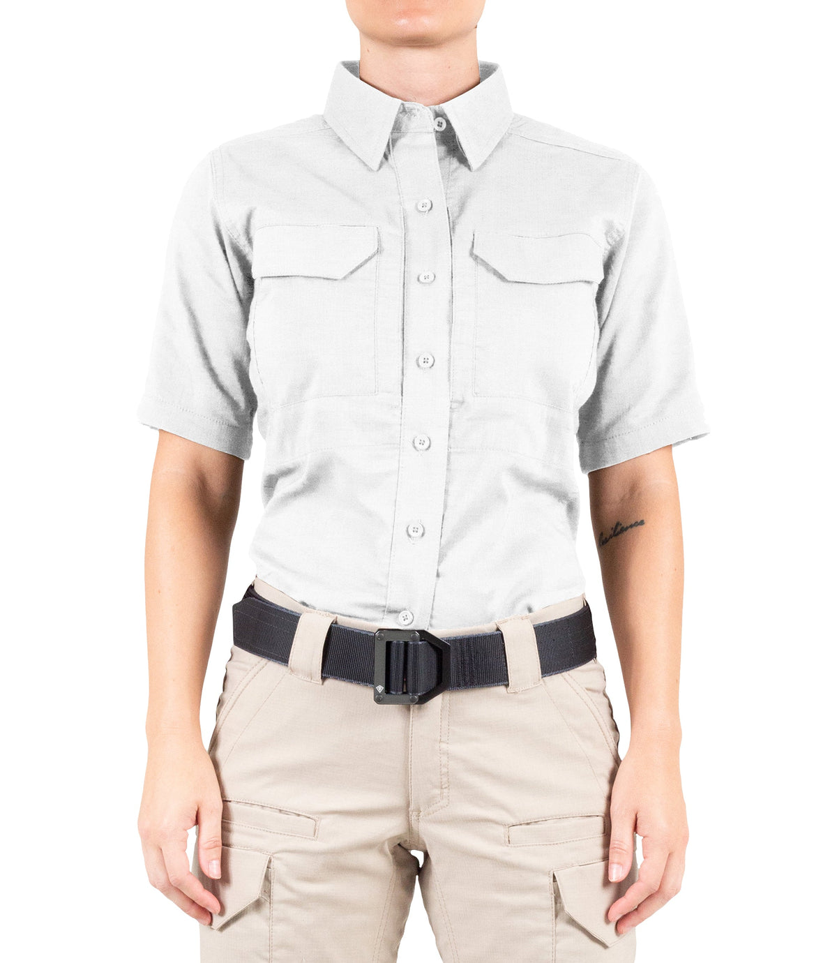 Front of Women's V2 Tactical Short Sleeve Shirt in White |color_white